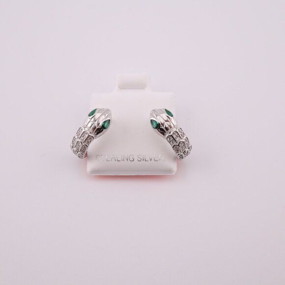 Women's Sterling Silver Serpent Hoop Earrings with Green CZ Eyes Huggie Style ** - Picture 5 of 11